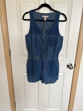 life in progress Denim-Look Button Front Romper in Blue